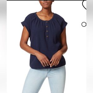 ANNE KLEIN WOMENS WOVEN PLACKET STRETCH NECK PULLOVER TOP Size L Navy Blue NWT